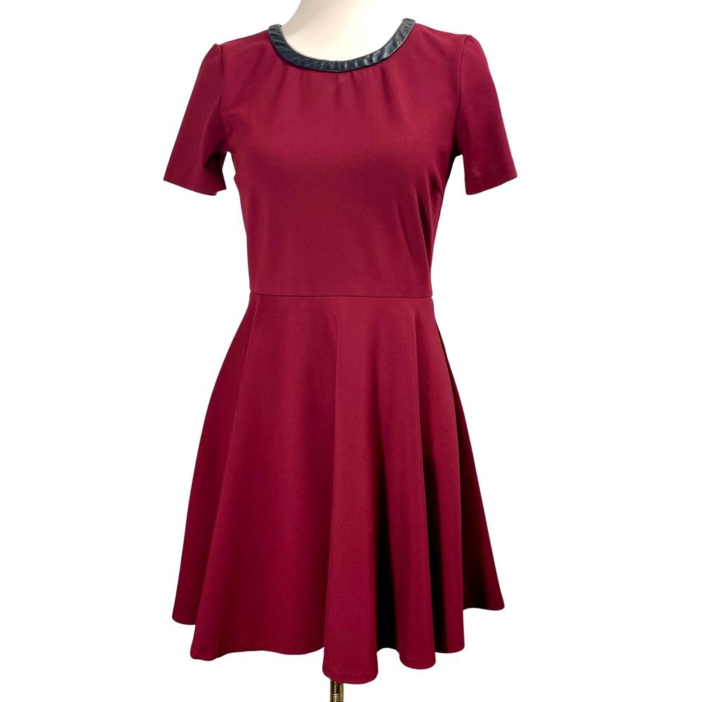 Madewell Burgundy Fit & Flare Mini Skater Circle Dress Leather Trim Womens Small